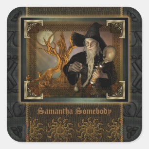 Wizards Magic Fantasy Illustration Bookplate Square Sticker