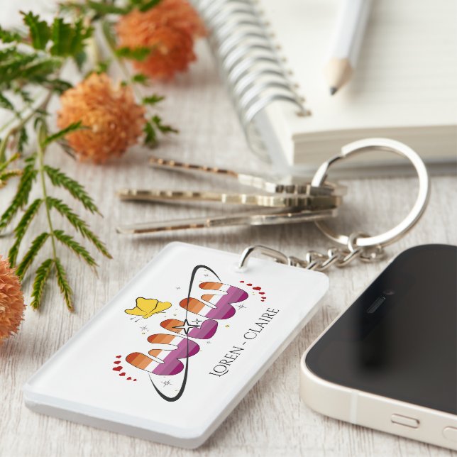 WLW Sunset Lesbian Flag Butterfly Acrylic Key Ring (Front Right)