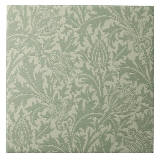 Wm Morris Arts & Crafts Green Thistle Repro Tile (Front)
