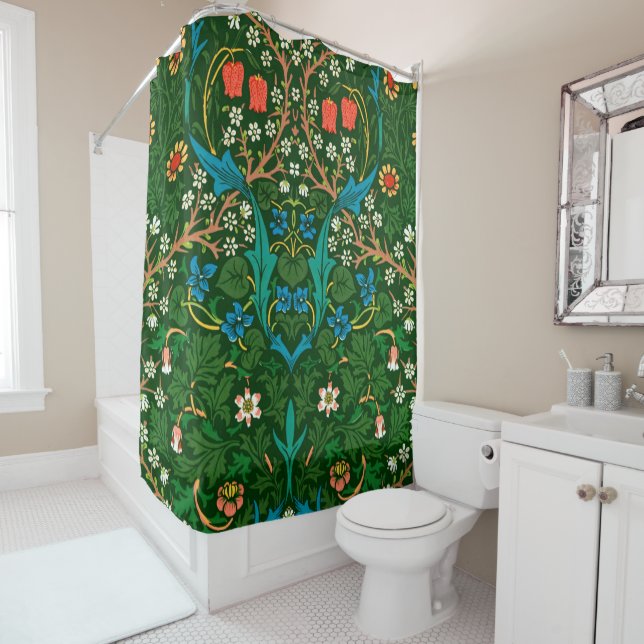 WM Morris Blackthorn Art Nouveau Pattern Shower Curtain (In Situ)