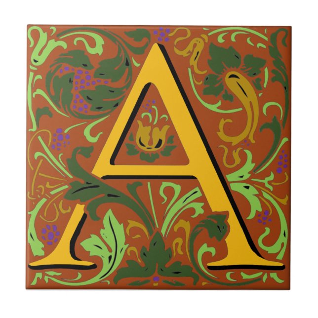 Wm Morris Ornate Letter "A" Initial Ceramic Tile   (Front)