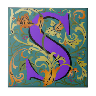 Wm Morris Ornate Letter "S" Initial Ceramic Tile