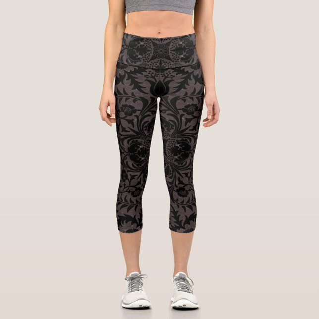 Wm Morris Seamless Vine Black Charcoal Pattern Capri Leggings (Front)
