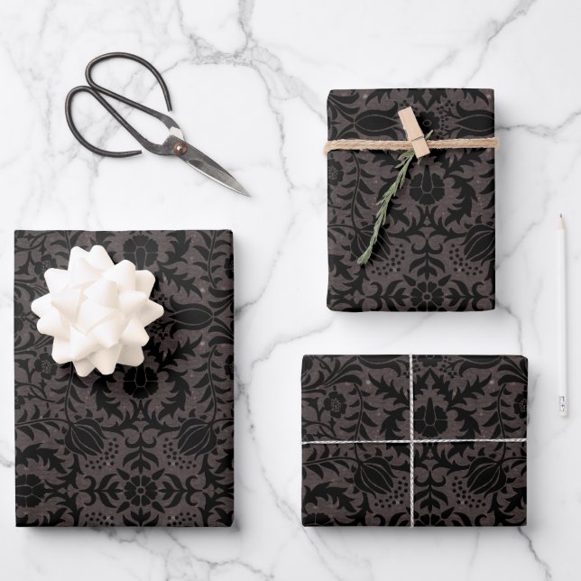 Wm Morris Seamless Vine Black Charcoal Pattern Wrapping Paper Sheet (Front)