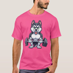 Wo Cartoon Husky Gym Workout Fitness Barbell T-Shirt
