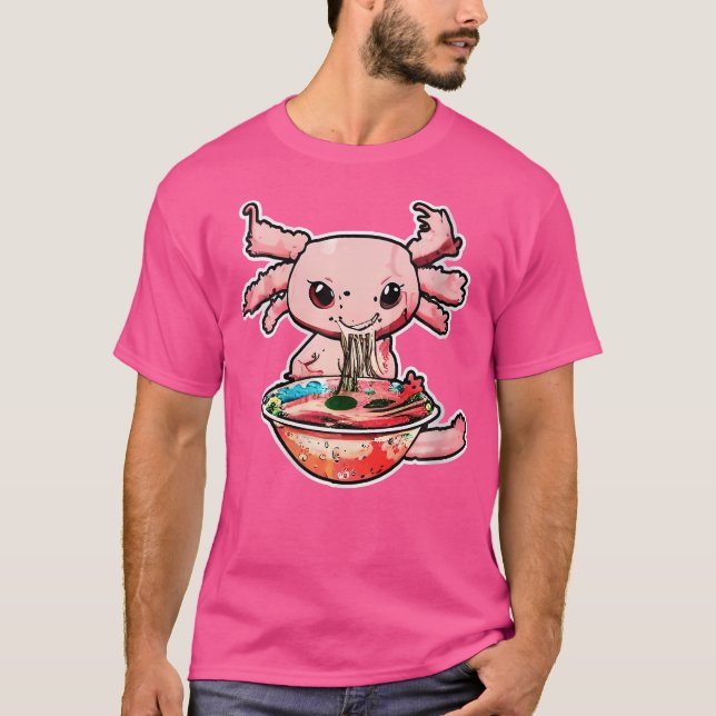 Wo Kawaii Axolotl Eating Ramen Noodles Anime Girls T-Shirt (Front)