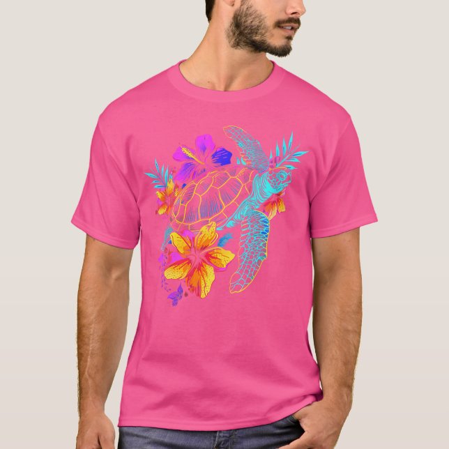 Wo Sea Turtle Hawaiian Flowers Hawaii Scuba Diving T-Shirt (Front)
