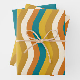 Wobbly Pop Stripes Retro Modern Pattern Teal Ochre Wrapping Paper Sheet