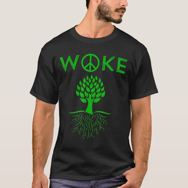 Woke Peace Tree Roots Progressive Green Vegetarian T-Shirt (Front)