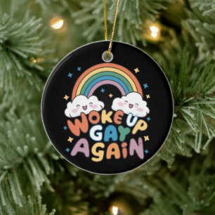 Woke Up Gay Again LGBT Pride Month Groovy  Ceramic Tree Decoration
