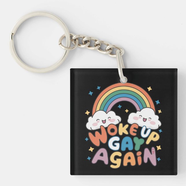 Woke Up Gay Again LGBT Pride Month Groovy  Key Ring (Front)