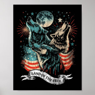 Wolf 4th Of July American Flag Howling America Moo Poster