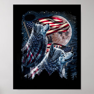 Wolf 4th Of July American Flag Howling Wolves Unde Poster