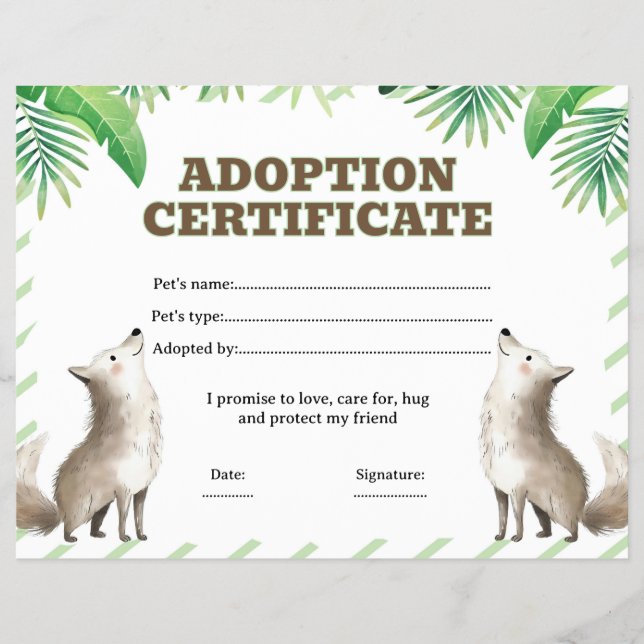 Wolf adopt a pet certificate editable flyer (Front)