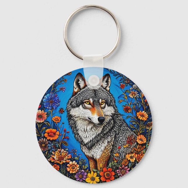 Wolf Amid Vibrant Flowers Key Ring (Front)