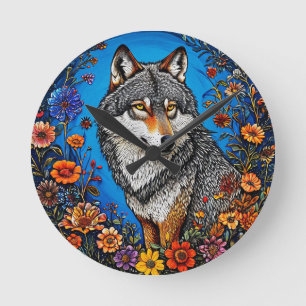 Wolf Amid Vibrant Flowers Round Clock