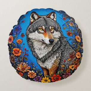 Wolf Amid Vibrant Flowers Round Cushion