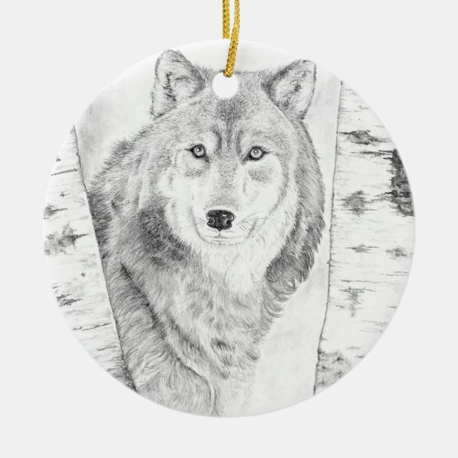 Wolf Among Birch Trees Ceramic Tree Decoration (Front)