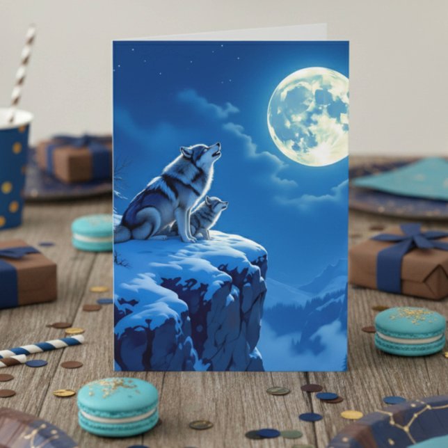 Wolf and Baby Cub Howling at the Moon Birthday Card (Creator Uploaded)