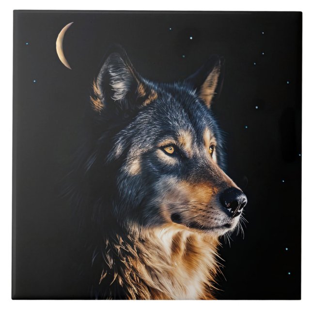 Wolf and Crescent Moon Mystical Tile (Front)