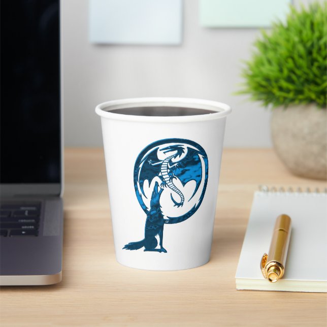 Wolf and Dragon Blue white paper cups (Insitu)