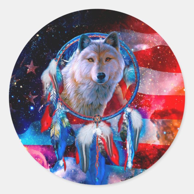 Wolf and Dreamcatcher in american flag painting Classic Round Sticker (Front)