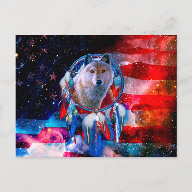 Wolf and Dreamcatcher in american flag painting Postcard (Front)