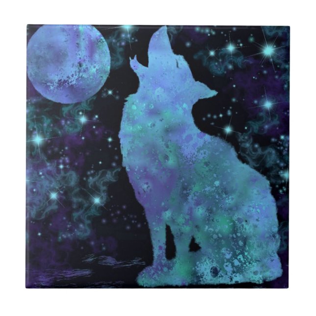 Wolf and Full Moon Ceramic Tile - Painting (Front)