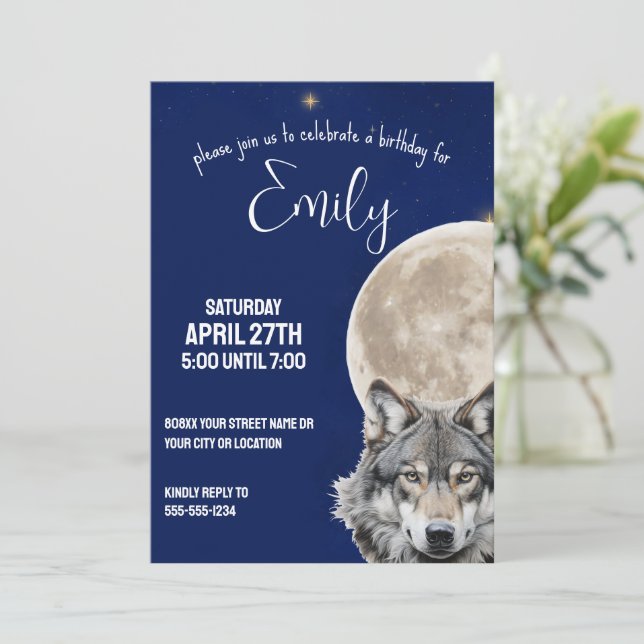Wolf and Full Moon in Starry Night Sky Invitation (Standing Front)