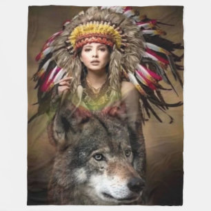 WOLF and INDIAN MADIEN Fleece Blanket