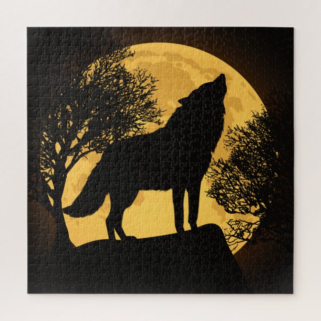 Wolf and Moon Black and Yellow Jigsaw Puzzle (Vertical)