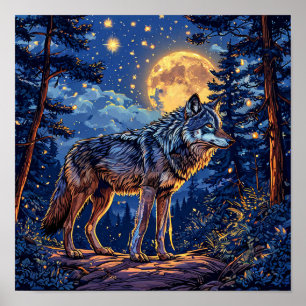 🐺 Wolf And Moon Forest Night Sky Mystical Nature  Poster
