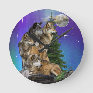 Wolf and Moon Round Clock