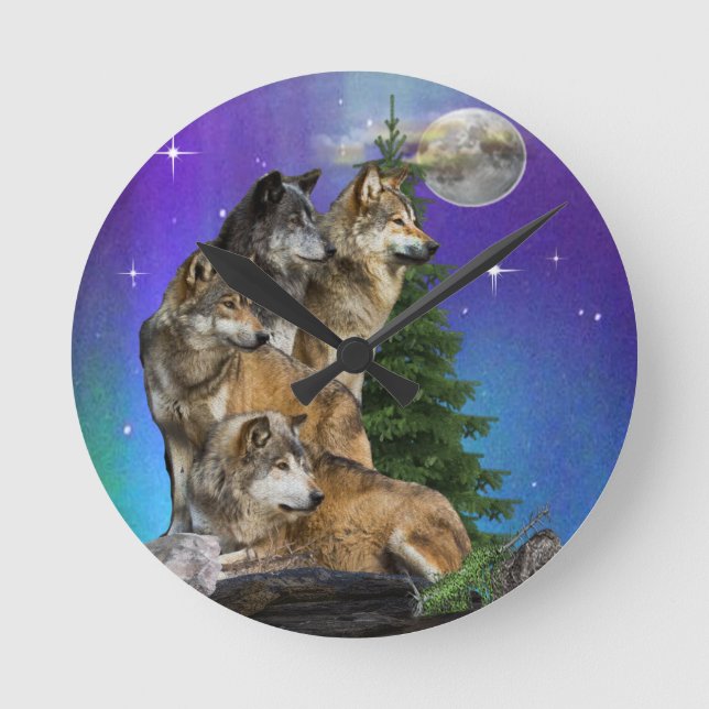 Wolf and Moon Round Clock (Front)