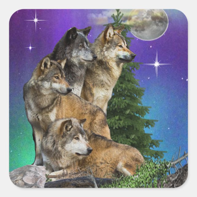 Wolf and Moon Square Sticker (Front)