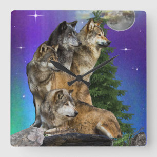 Wolf and Moon Square Wall Clock