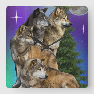Wolf and Moon Square Wall Clock