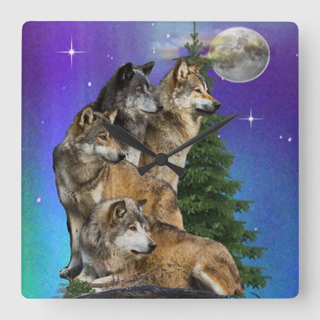 Wolf and moon   square wall clock (Front)