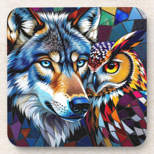 Wolf and Owl Vibrant and Colorful  Coaster