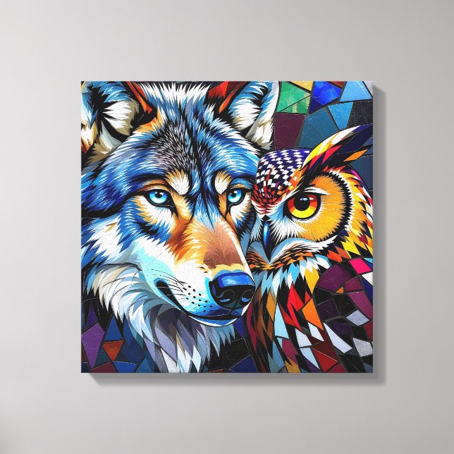 Wolf and Owl Vibrant and Colourful Canvas Print (Front)