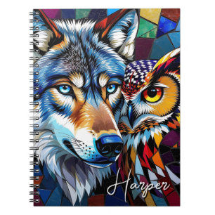 Wolf and Owl Vibrant and Colourful Personalised  Notebook