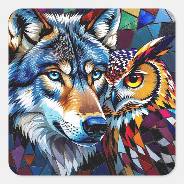 Wolf and Owl Vibrant and Colourful Square Sticker (Front)