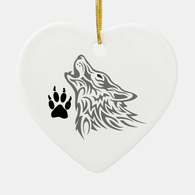 WOLF AND PAW PRINT CERAMIC TREE DECORATION (Front)