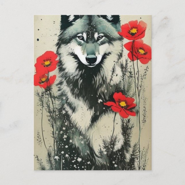 Wolf and Poppies Postcard (Front)