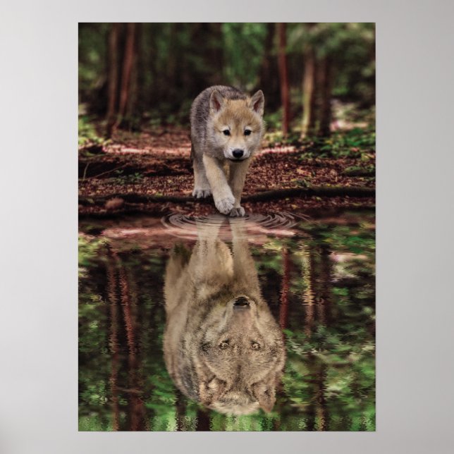 Wolf and Pup Water Reflection, Abstract Motivation Poster (Front)