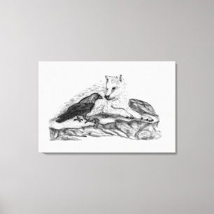Wolf and Raven - Black and White Design Canvas Print