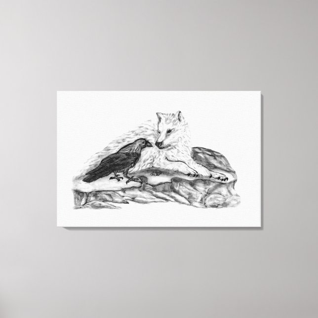 Wolf and Raven - Black and White Design Canvas Print (Front)