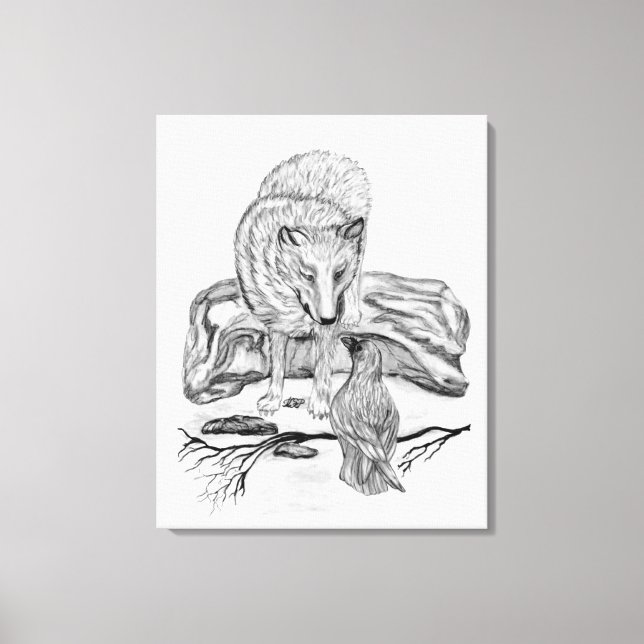 Wolf and Raven black and white design Canvas Print (Front)