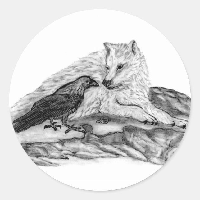 Wolf and Raven black and white design Classic Round Sticker (Front)