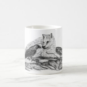 Wolf and Raven - Black and White Design Coffee Mug